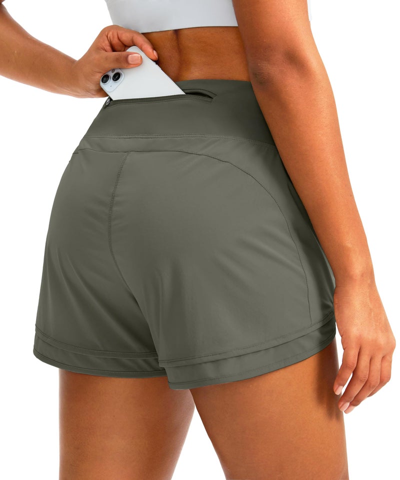 Soothfeel Women's Running Shorts High Waisted Quick-Dry 3 Inch Gym Workout Athletic Shorts for Women with Zipper Pocket(Green, M) - Image 1